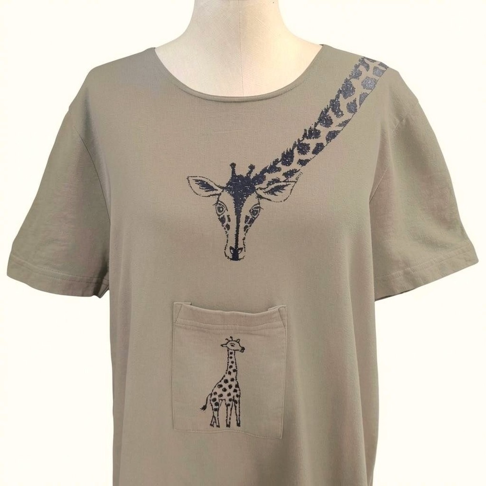 VTG Cite L Tan Giraffe Print 100% Cotton Maxi T-Shirt Dress USA Art Wear Safari